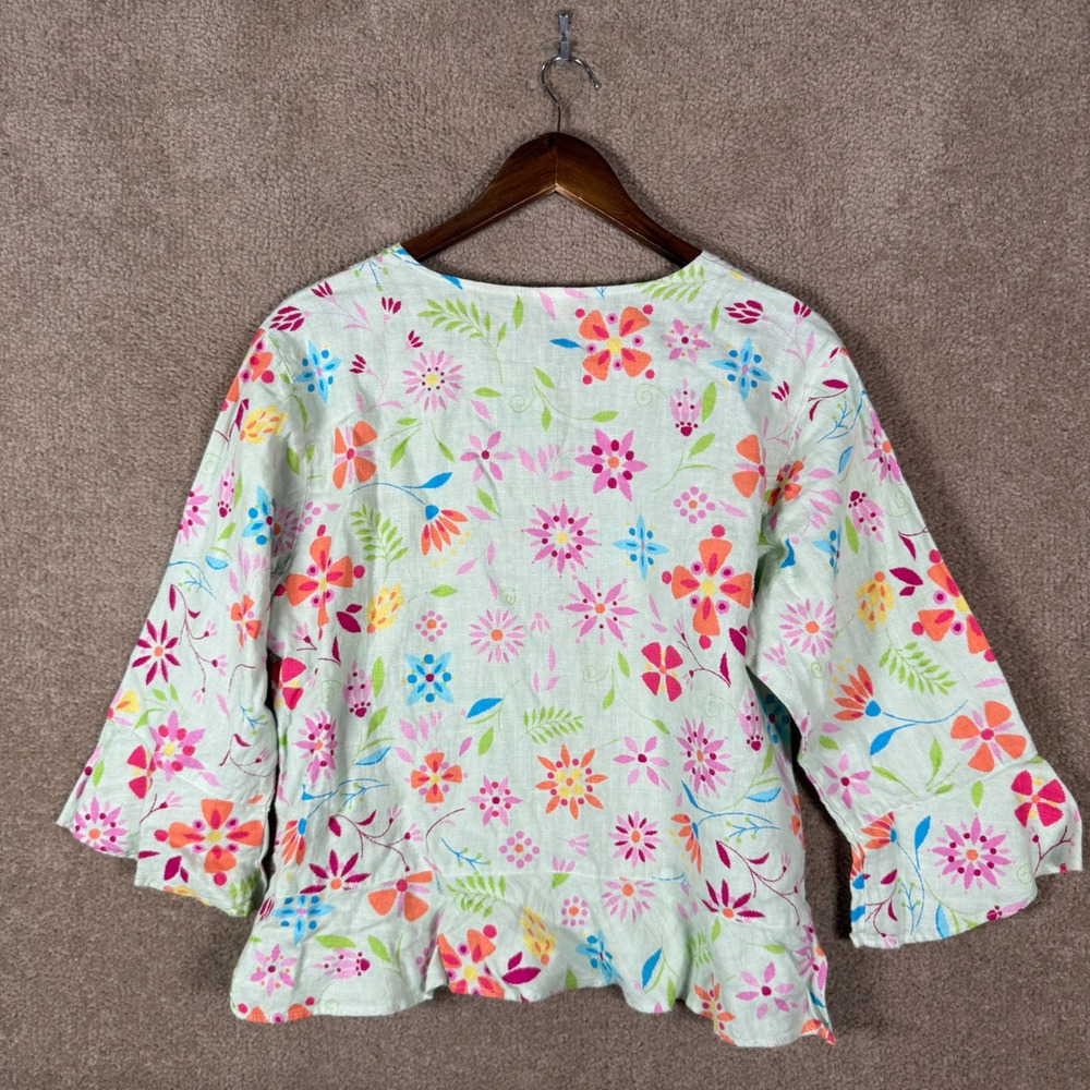 Habitat Button Front Top Womens Small Green Floral Linen 3/4 Sleeve Lagenlook - Picture 9 of 10